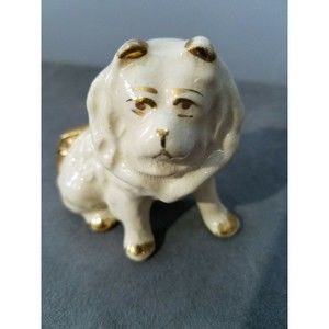 Old Vintage White Ceramic Dog Figurine with Gold Trim, Unknown Breed